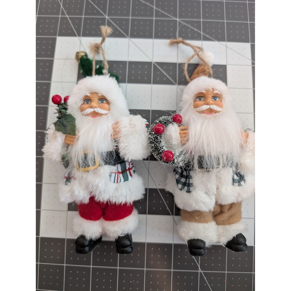 Holiday Time Santa Clause Plastic Face mixed fabric hanging ornament lot 2